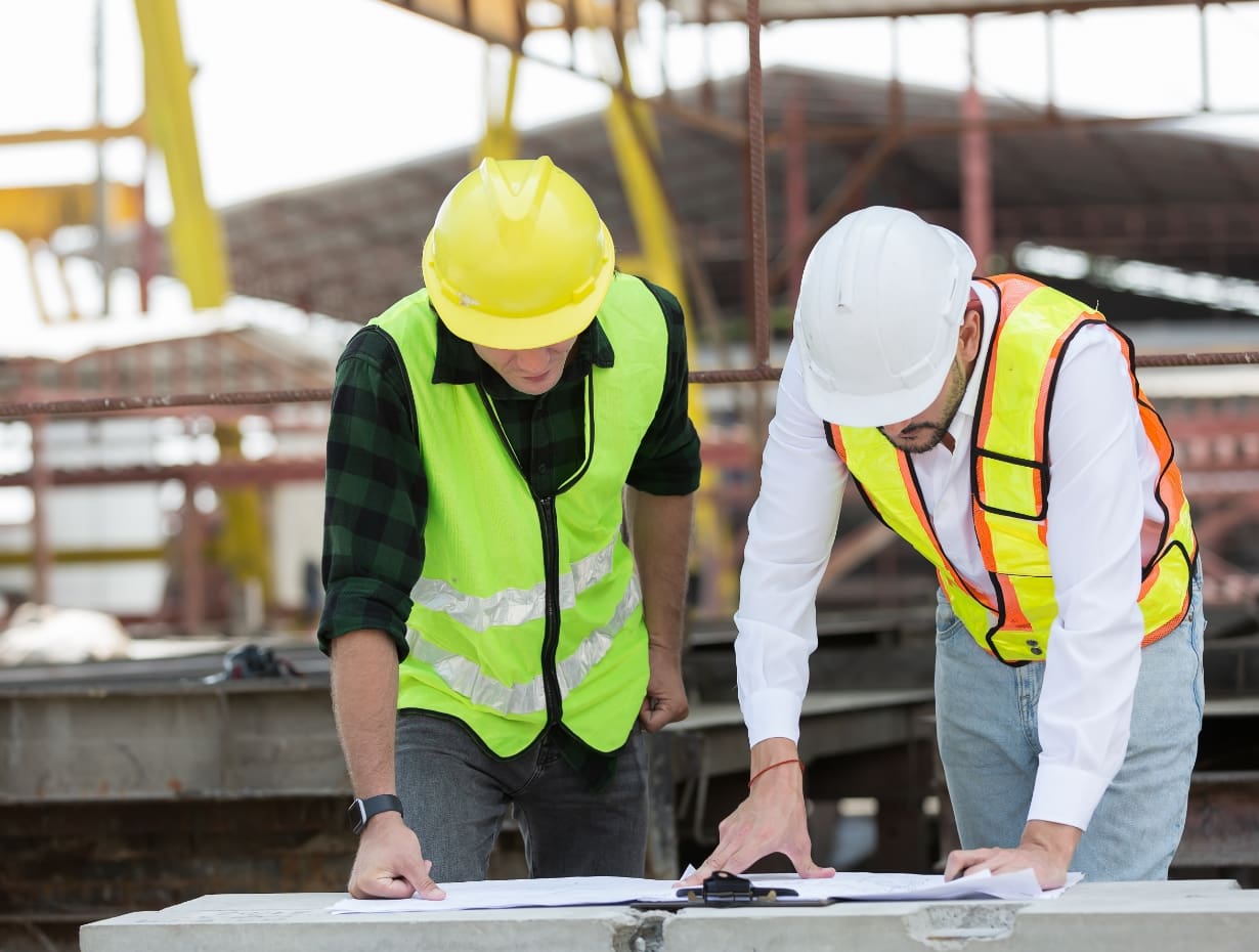 MEP Engineers reviewing engineering plans at a construction site